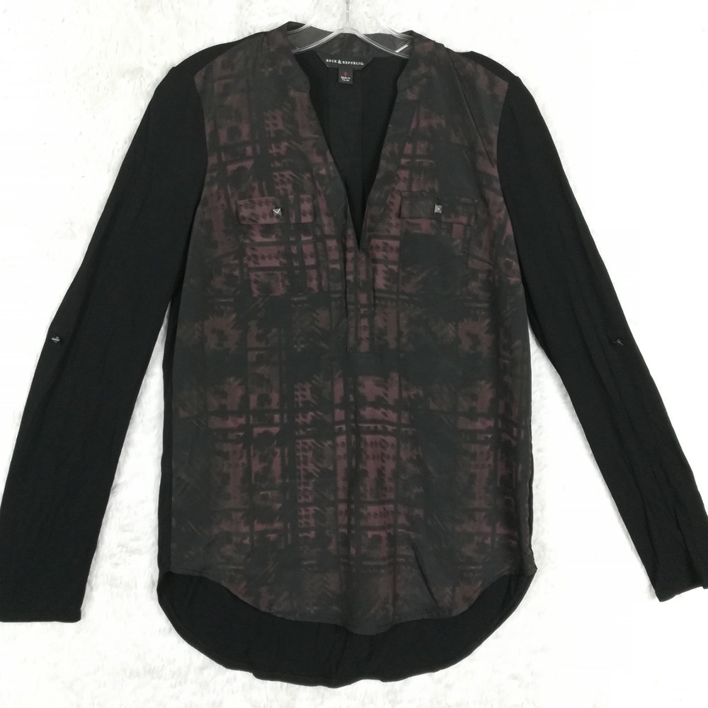 Rock & Republic Womens Shirt V Neck Roll Tab Sleeve Black Purple Ombre Pockets S